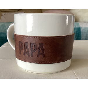 “Papa” Coffee Tea Mug W/Removable Brown Leather Strap White & Black Dad Gift